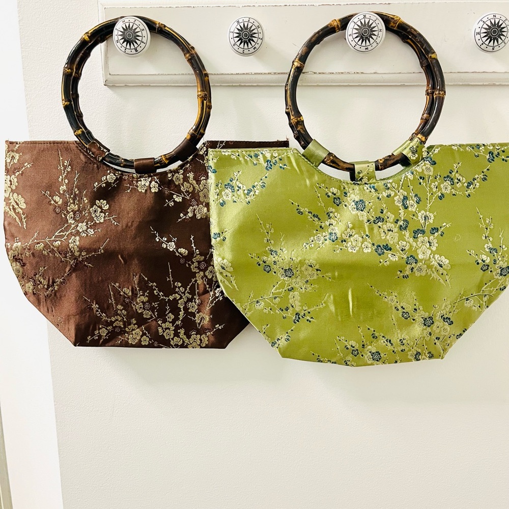 2 Adorable Delicate Floral Embroidered Cocoa and Chartreuse Women Bags